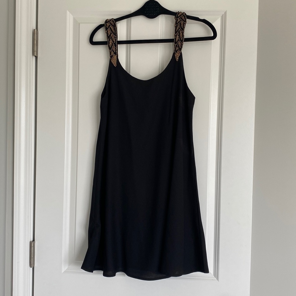 Black beaded strap shift dress, size M